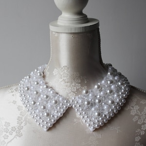 Beaded collar necklace with white pearls clear beads pointed shape detachable removeable accessories for women peter pan collar elegant