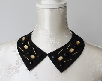 Embelished collar necklace black with gold and black stones beads detachable accessories for women removeable peter pan collar elegant