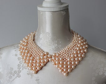 Pink beaded collar necklace peach pink pearls beads pointed shape detachable removeable accessories for women peter pan collar elegant aka