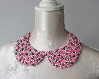 Pink green beaded collar necklace clear pearls beads round shape detachable removeable aka accessories for women peter pan collar elegant