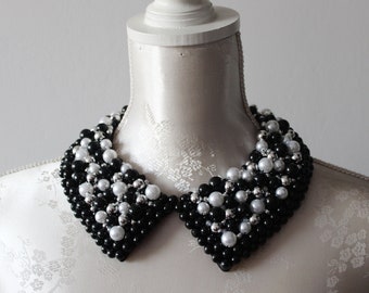 Beaded collar necklace black white silver pearls beads pointed detachable removeable accessories for women peter pan collar elegant classic