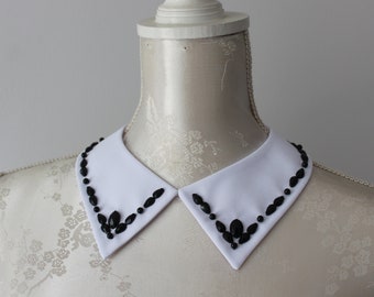 Embelished collar necklace white with black stones ribbon beads detachable accessories women removeable peter pan collar classic elegant