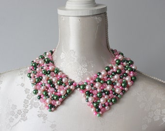 Pink green clear beaded collar necklace pearls beads pointy shape detachable removeable accessories for women peter pan collar elegant aka