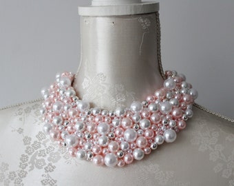 Beaded bib necklace pastel pink white pearls beads detachable removeable accessories for women peter pan collar elegant pearled aka soror