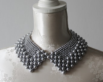 Beaded collar necklace with grey graphite pearls beads pointed shape detachable removeable women accessories peter pan collar elegant classi