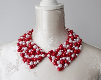 Red white collar necklace pearls beads pointed shape detachable beaded removeable accessories women peter pan collar delta sigma theta