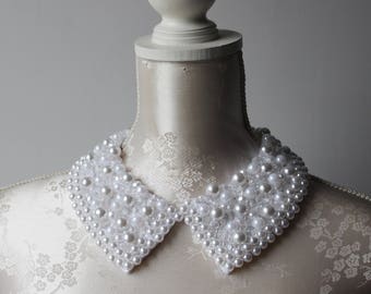 Beaded collar necklace with white pearls clear beads pointed shape detachable removeable accessories for women peter pan collar elegant