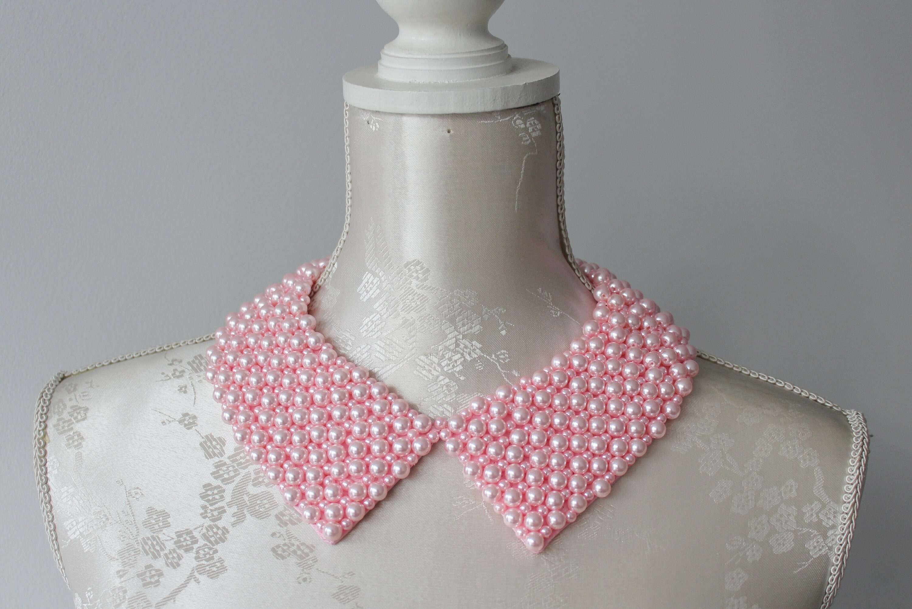 Pink Beaded Collar Necklace Pastel Pink Pearls Beads Pointed Shape