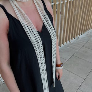Long lace skinny scarf cream ecru narrow crochet scarf detachable removable accessories women choker neck tie bow classic thin scarf belt