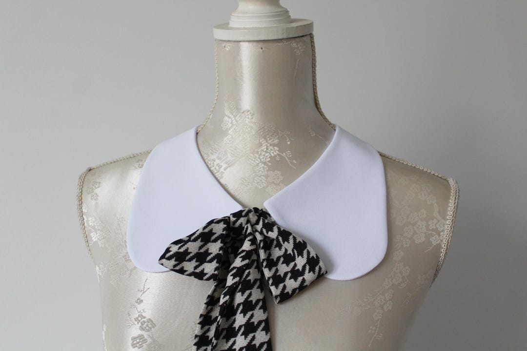 White Collar Necklace With Black White Houndstooth Ribbon Bow Round ...