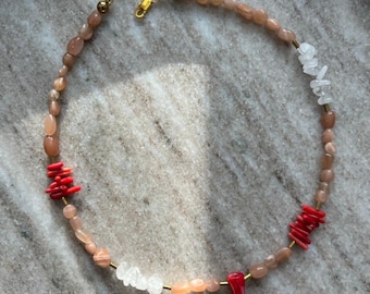 Red Coral Necklace Moon Stone Sun Stone Gold Hematite Coral Charm Gemstone Necklace Natural Stones women accessories gift boho summer