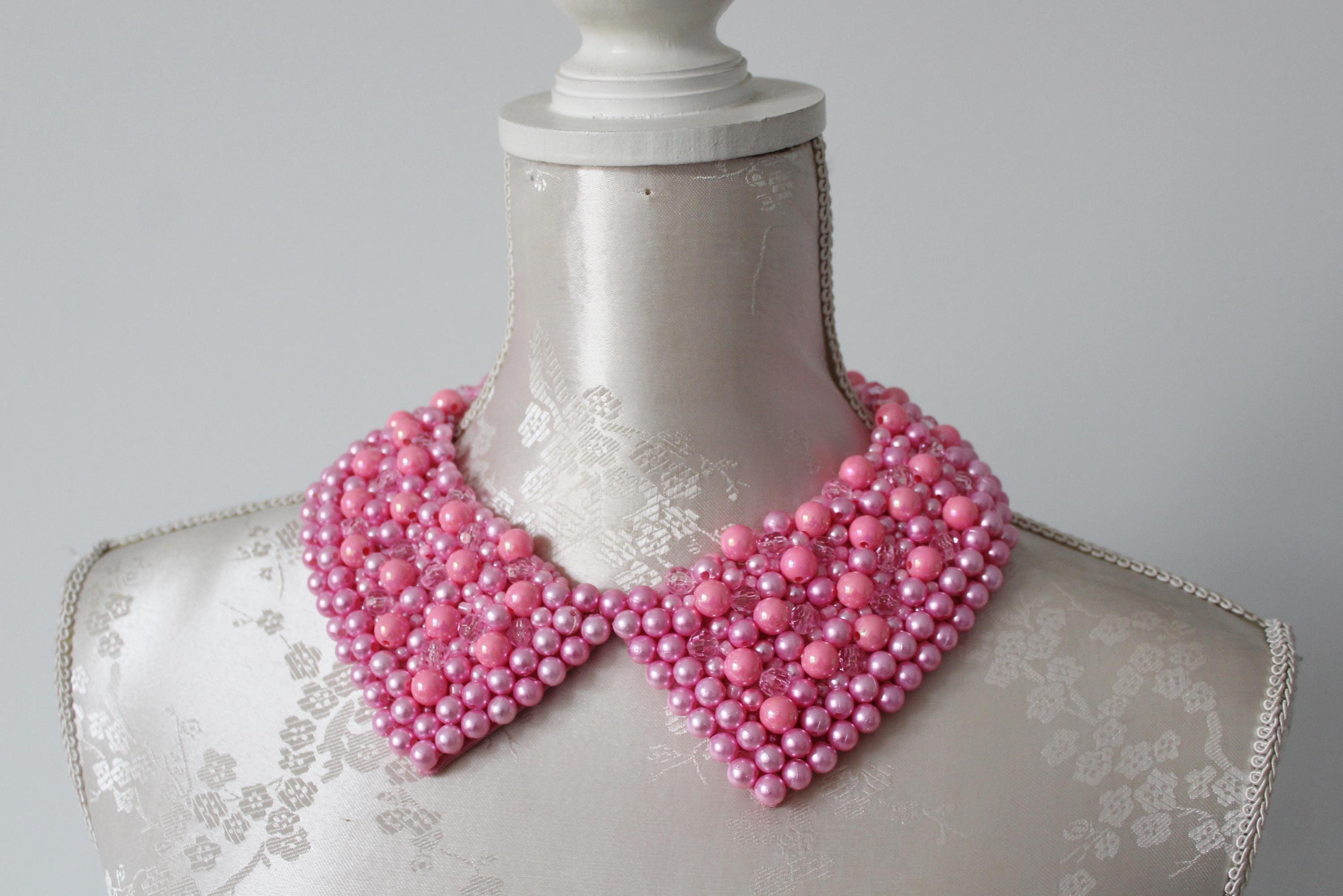 Pink beaded collar necklace hot pink opalescent clear pearls beads pointed shape detachable removeable accessories women peter pan collar