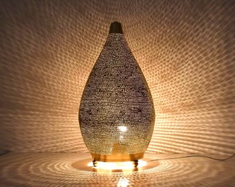 Moroccan Brass Table Lamp, Hand-Pierced Gourd (16" Tall, Warm Light)
