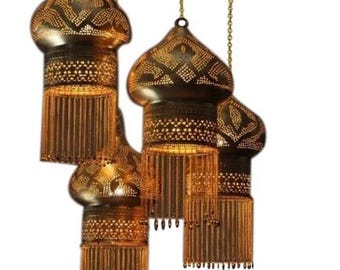 Moroccan Brass Chandelier Pendant - Handcrafted with Hanging Chains, Four Beaded Fringe Lanterns for a Dining Room, Bar or Restaurant