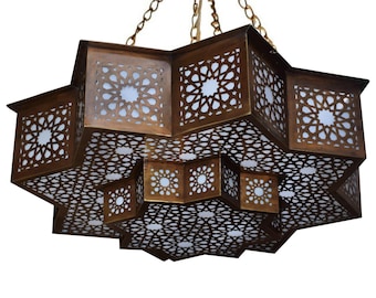 Moroccan Pendant Light: Brass Star Pattern (Handcrafted, Antique Gold)