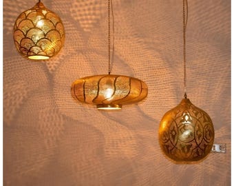 Moroccan Brass Pendant Lights, Hand-Pierced Patterns (Set of 3)