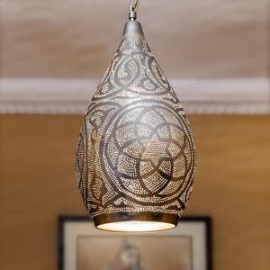 Moroccan Tear Drop Pendant Light: Silver-Plated Brass Lantern