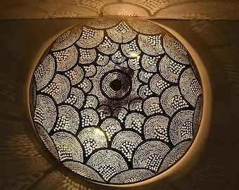 Silver Moroccan Ceiling Light, Hand-Pierced Brass Flush Mount with a Nickel Finish, Handmade Light Fixture for Kitchen or Bathroom