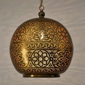 Moroccan Brass Ceiling Light: Hand-Pierced Lantern Lamp for Boho Decor