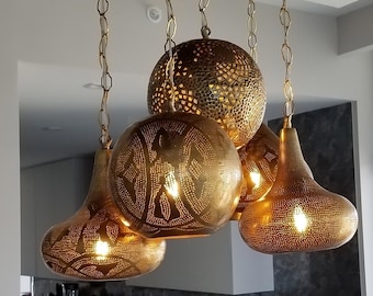 5 Round Brass Moroccan Pendant Lamps (Hand-Pierced Shadow Caster, 12 Inch)