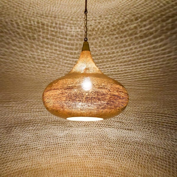 Moroccan Brass Pendant Light, Hand-Pierced Maximalist Design (2ft Chain Included)