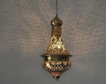 Moroccan Brass Pendant Lamp, Hand Pierced (12" Wide, 20" Tall)
