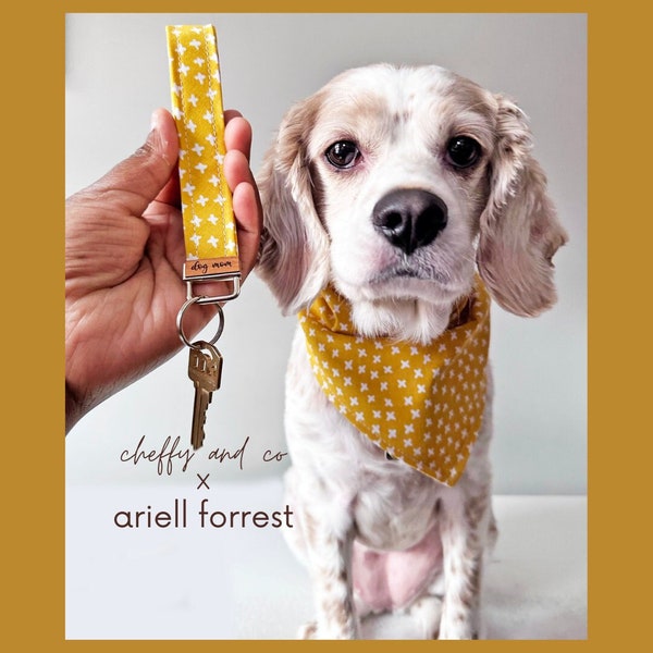 Mustard Yellow Crosses Tie On Dog Bandana and Keychain Wristlet Matching Set from Cheffy and Co x Ariell Forrest