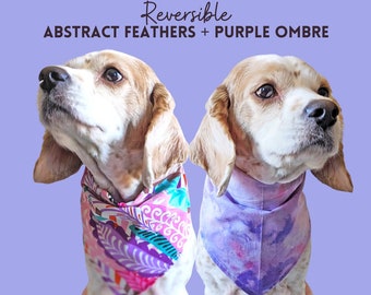 Abstract Feathers + Purple Watercolor Ombre Reversible Tie On Dog Bandana | Puppy Gift | Cheffy and Co | Boho | Scarf | Spring | Summer