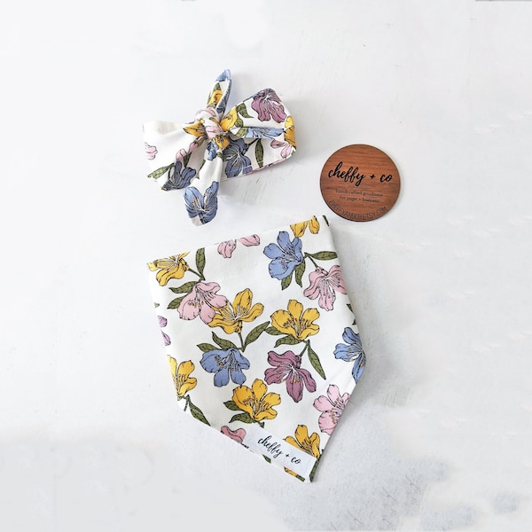 Mauve Blue and Yellow Floral Dog Mama + Baby Mama Matching Canvas Headband & Slip On Dog Bandana Set by Cheffy and Co