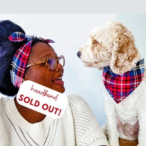 Holiday Tartan Plaid Dog Mama + Baby Mama Matching Flannel Headband & Tie On Dog Bandana Set by Cheffy and Co