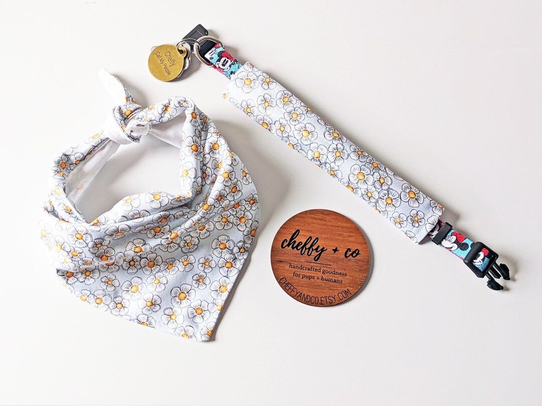 Daisy Matching Dog Collar Cover Tie on Bandana Set Puppy Gift Cheffy