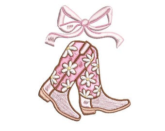 Pink Cowgirl Boot with Bow Embroidery File – 4in Western Coquette Digital Download | DST, VP3, XXX, PES