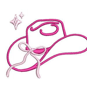 May include: A pink embroidered cowboy hat with a white bow and two sparkling star accents. The hat's outline is a vibrant pink, and the bow adds a delicate touch. This design is perfect for apparel and accessories.