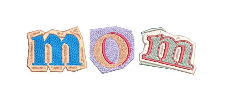 May include: Three embroidered patches spelling out the word "mom". The letter "m" is blue with a tan border, the "o" is pink with a lavender border, and the final "m" is green with a red border. All letters have a textured appearance.