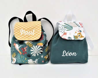 Kindergarten children's backpack ideal for cuddly toy and snacks, customizable with the child's first name, animal pattern