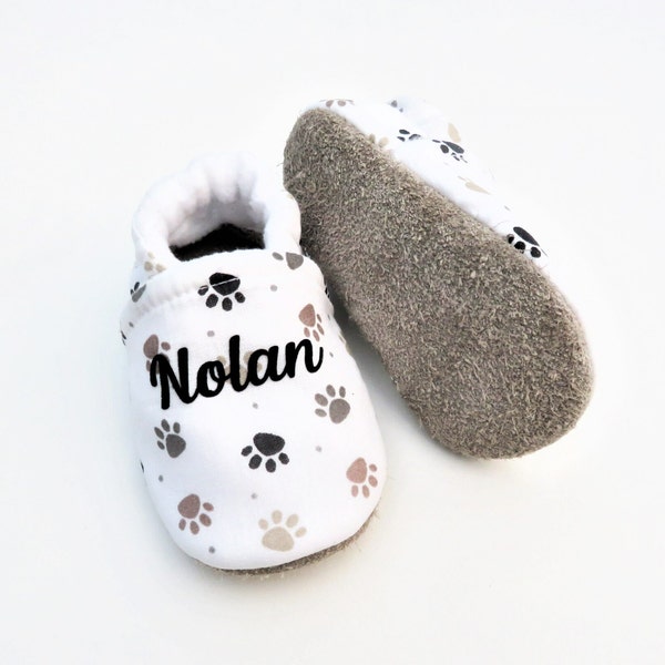 Chaussons bébé personnalisables semelle cuir antidérapante et dessus coton blanc avec pattes d'animaux