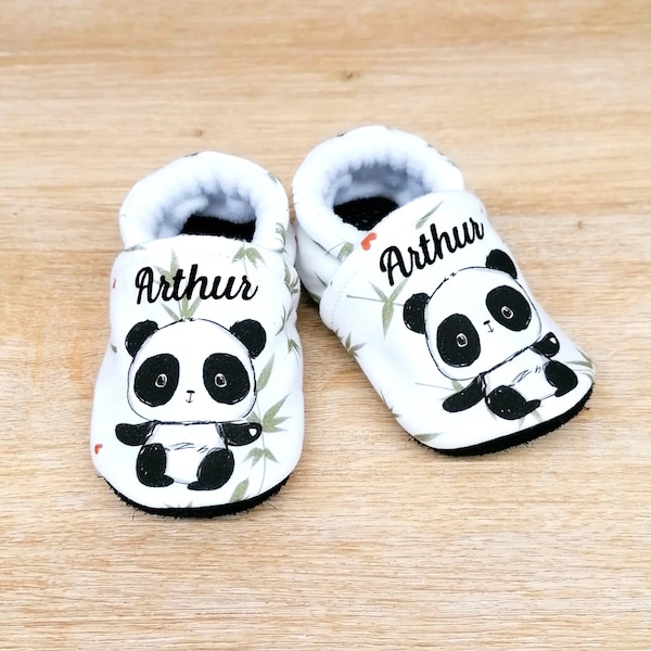 Chaussons bébé semelle cuir antidérapante et dessus coton avec panda ou renard personnalisables