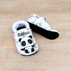 Chaussons bébé semelle cuir antidérapante et dessus coton avec panda ou renard personnalisables image 4