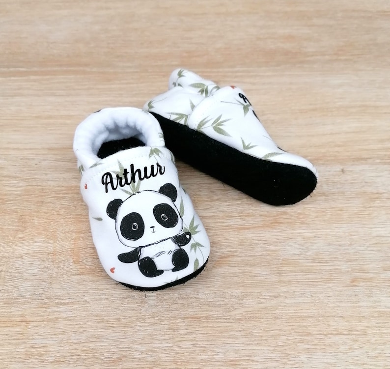 Chaussons bébé semelle cuir antidérapante et dessus coton avec panda ou renard personnalisables image 4