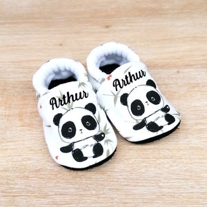 Chaussons bébé semelle cuir antidérapante et dessus coton avec panda ou renard personnalisables image 2