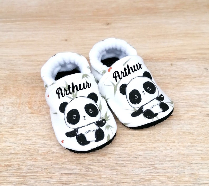 Chaussons bébé semelle cuir antidérapante et dessus coton avec panda ou renard personnalisables image 2