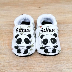 Chaussons bébé semelle cuir antidérapante et dessus coton avec panda ou renard personnalisables image 3