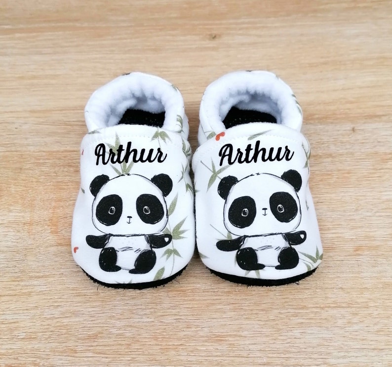 Chaussons bébé semelle cuir antidérapante et dessus coton avec panda ou renard personnalisables image 3