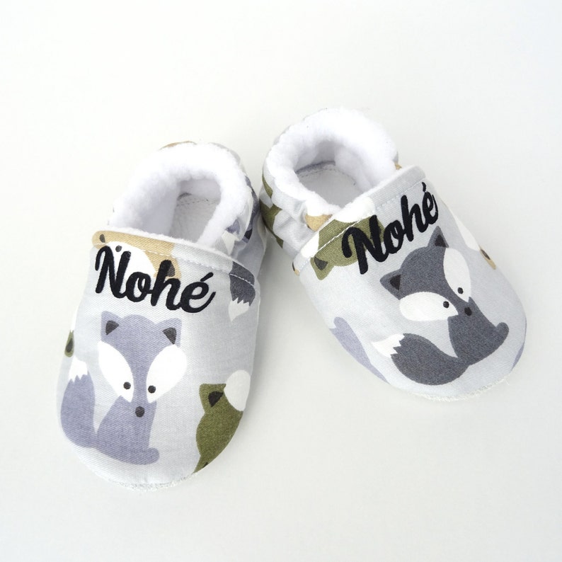 Chaussons bébé semelle cuir antidérapante et dessus coton avec panda ou renard personnalisables Renard et coton