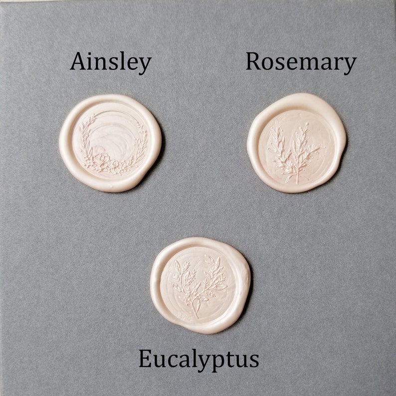 Three light pink blush wax seal design options for Jen Che Designs, Eucalyptus, rosemary, floral wreath