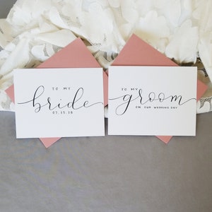 to my bride, to my groom on our wedding day cards, black calligraphy, white cardstock, dusty pink envelopes