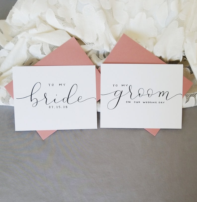 to my bride, to my groom on our wedding day cards, black calligraphy, white cardstock, dusty pink envelopes