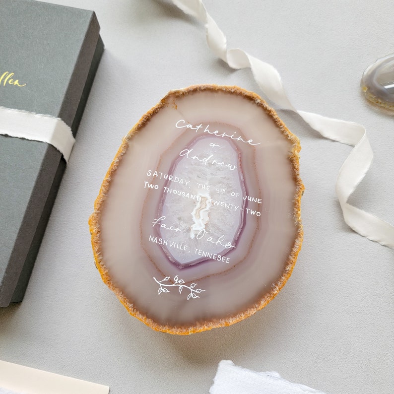 Pink tinted agate slice event or wedding invitation save the date,  white hand calligraphy by Jen Che Designs, small floral design