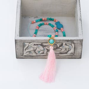 Long Beaded Cord Necklace, Pink Tassel Gemstone Necklace, Pink&blue Jade Necklace, Boho Summer Necklace, Adjustable Necklace, Gift For Mum image 2