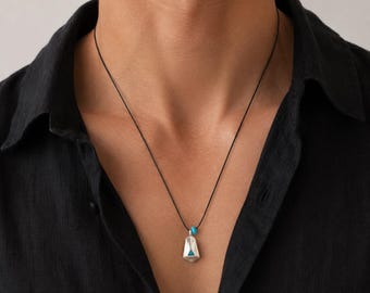 Silver Geometric Pendant/Blue Bead Necklace, Unisex Black Cord Jewel, Gift For Him Her